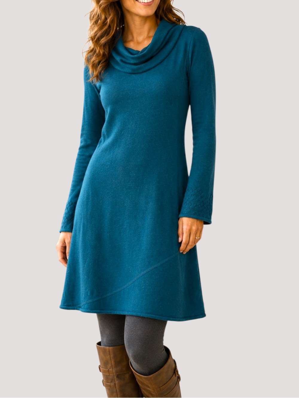 Prana Organic Cotton Wool Cowl Neck Sweater Dress Teal Blue Med Long Sleeve Cozy